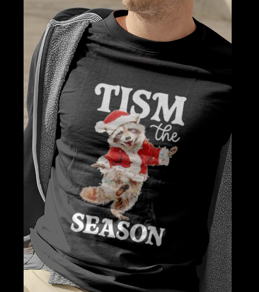 Tism The Season Raccoon Santa Christmas Autism Awareness T-Shirt