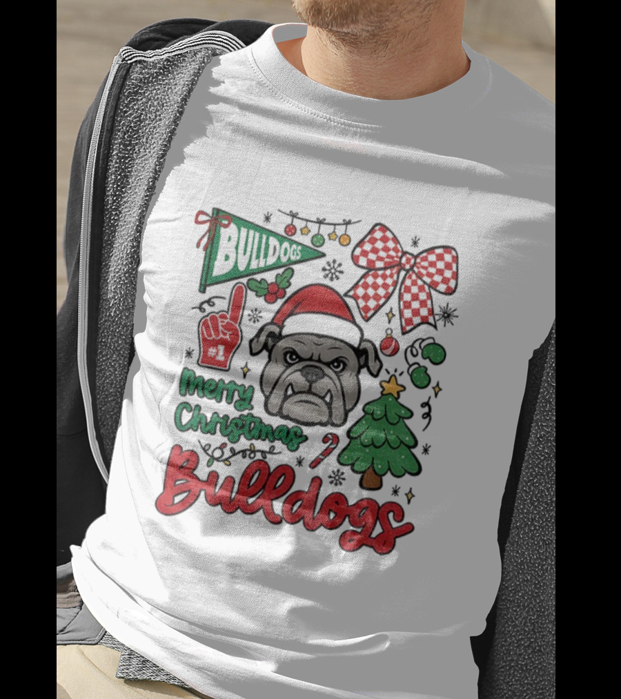 Merry Christmas Bulldogs Festive Mascot Checkerboard Bow And Holiday Theme T-Shirt
