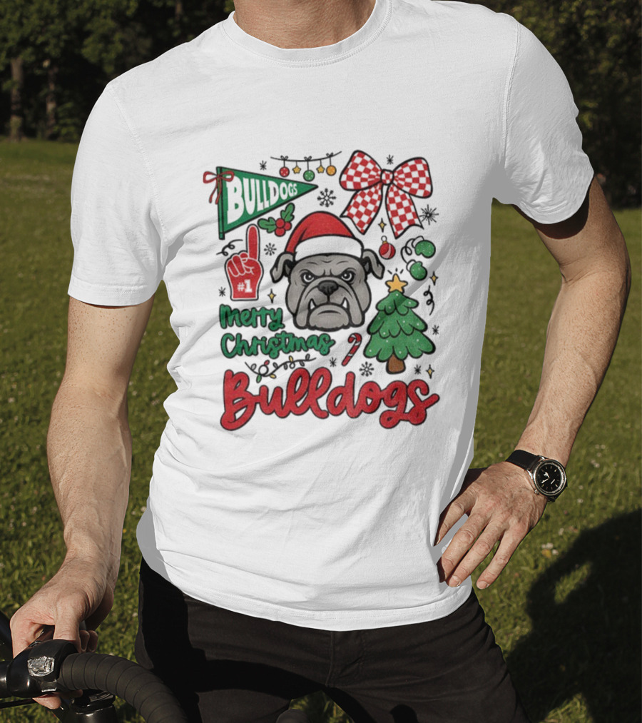 Merry Christmas Bulldogs Festive Mascot Checkerboard Bow And Holiday Theme T-Shirt