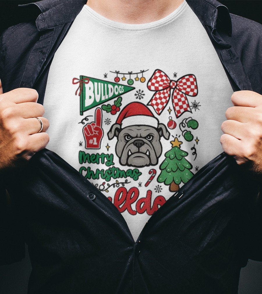 Merry Christmas Bulldogs Festive Mascot Checkerboard Bow And Holiday Theme T-Shirt