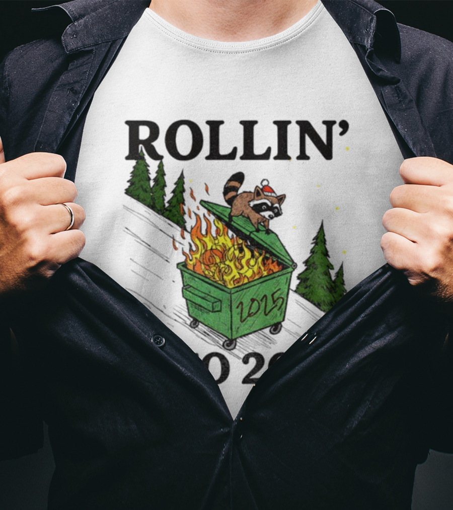 Rollin' Into 2026 Raccoon Dumpster Fire Christmas New Year T-Shirt