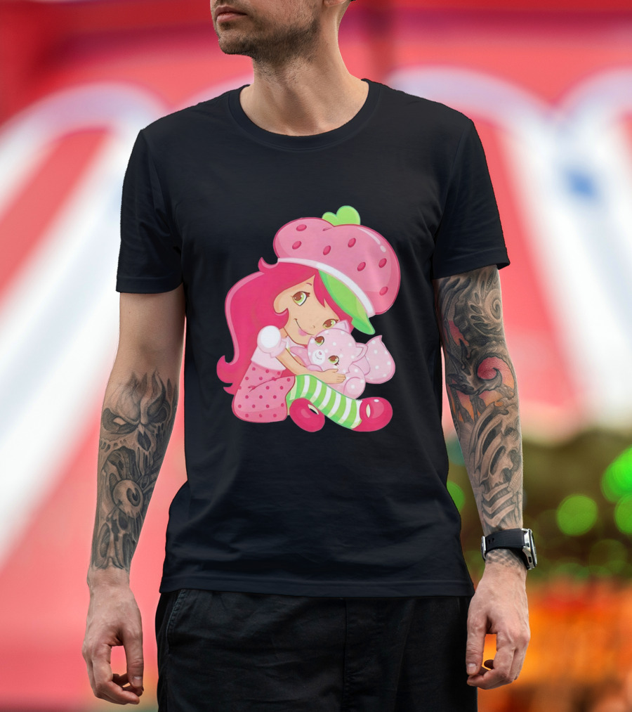 Strawberry Girl Hugging Pink Cat With Hat And Polka Dot Pants T-Shirt