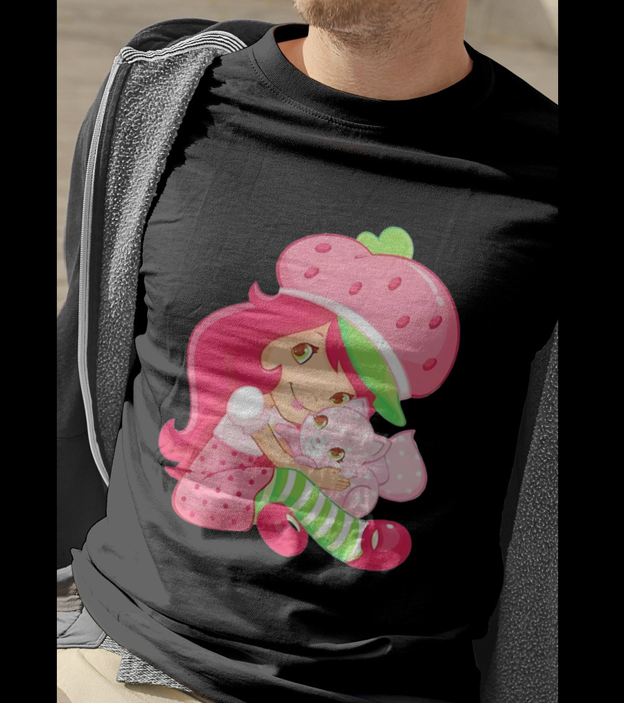 Strawberry Girl Hugging Pink Cat With Hat And Polka Dot Pants T-Shirt