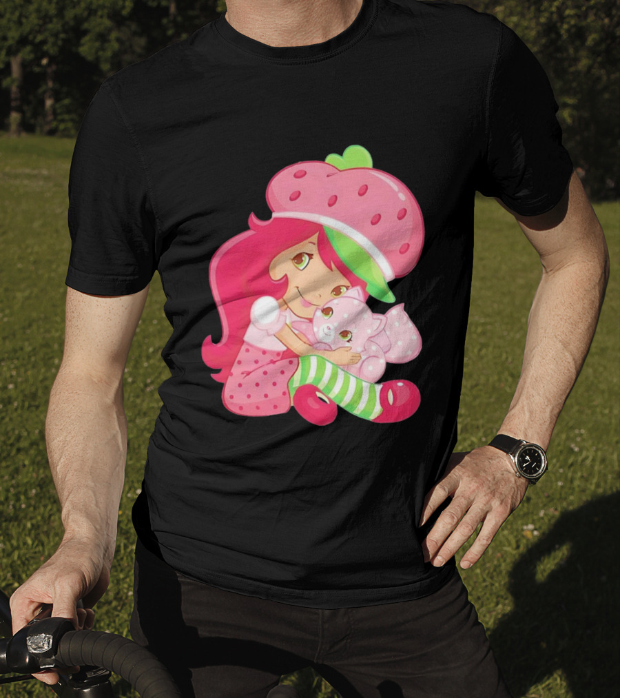 Strawberry Girl Hugging Pink Cat With Hat And Polka Dot Pants T-Shirt