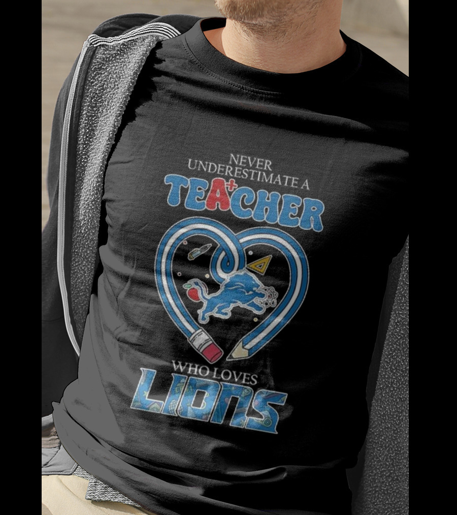 Teacher Who Loves Detroit Lions Heart Pencil Design T-Shirt