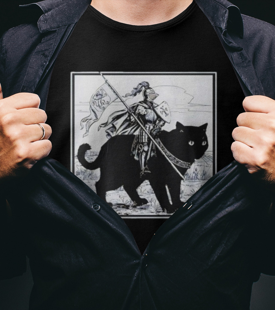 Medieval Knight Riding Giant Cat With Heraldic Banner T-Shirt