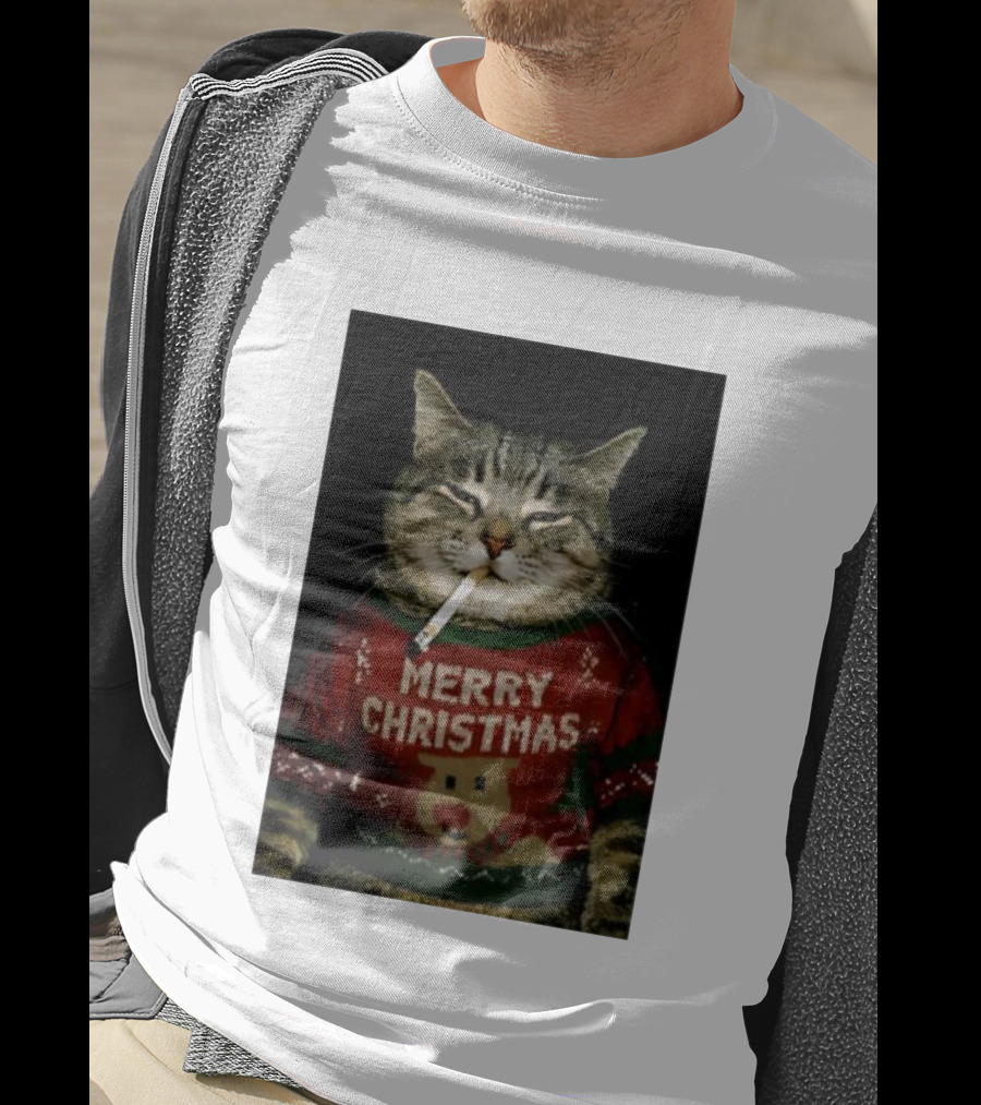 Merry Christmas Cat Smoking In Ugly Holiday Sweater With Reindeer T-Shirt