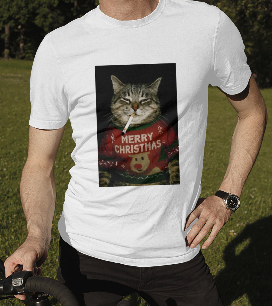 Merry Christmas Cat Smoking In Ugly Holiday Sweater With Reindeer T-Shirt