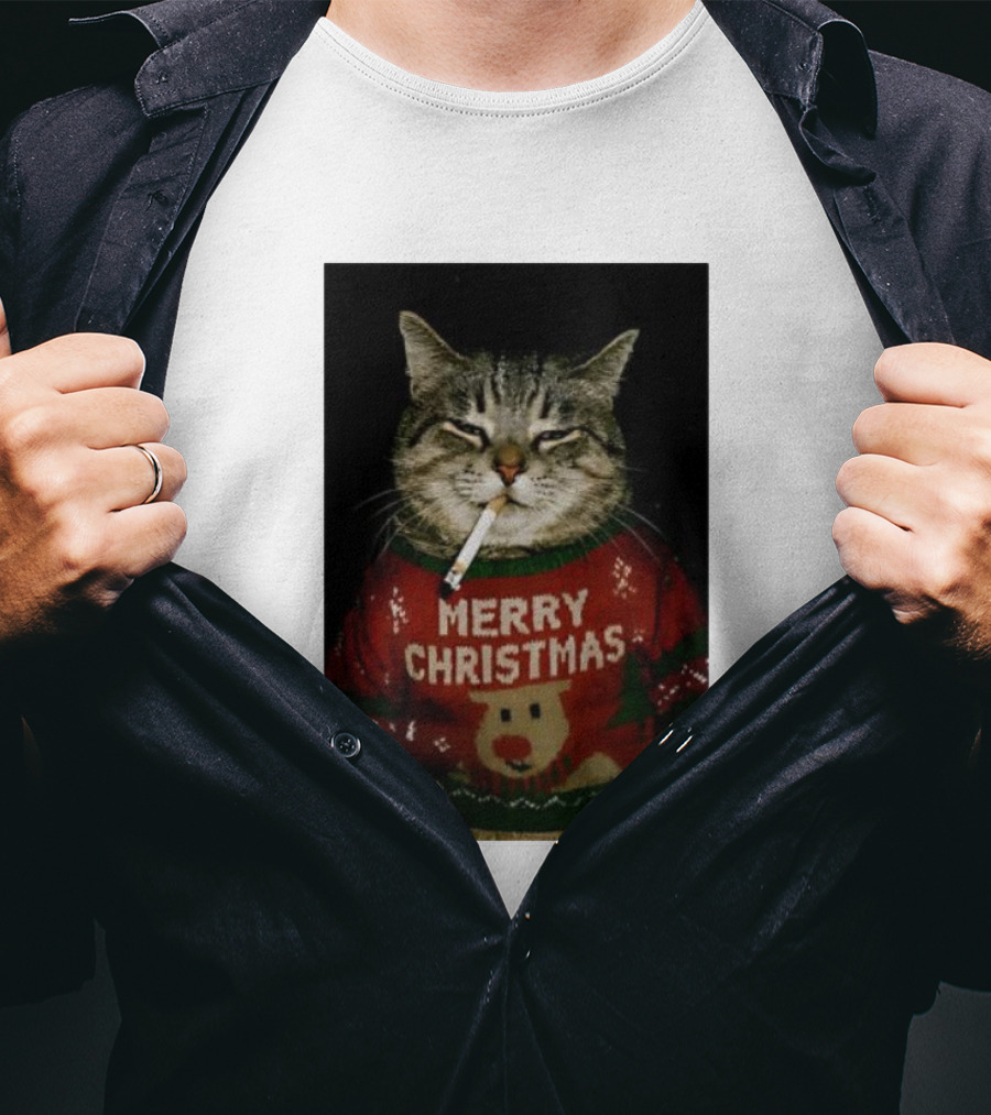 Merry Christmas Cat Smoking In Ugly Holiday Sweater With Reindeer T-Shirt