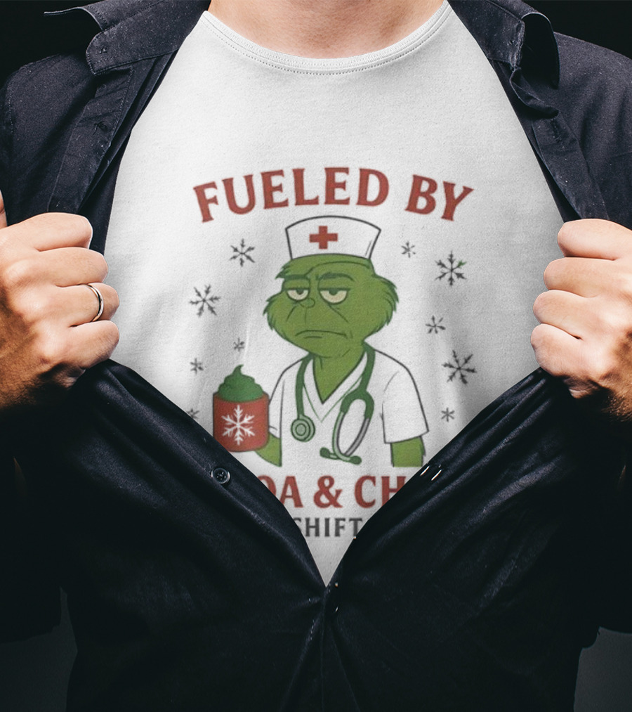 Fueled By Cocoa & Chaos Holiday Shift Edition Grinch Nurse T-Shirt