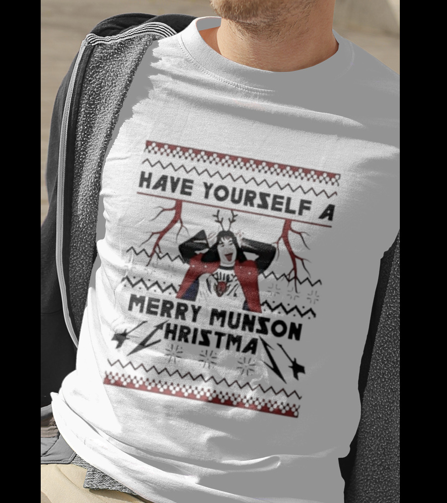 Eddie Munson Merry Munson Christmas Holiday Skeleton Red Lightning T-Shirt