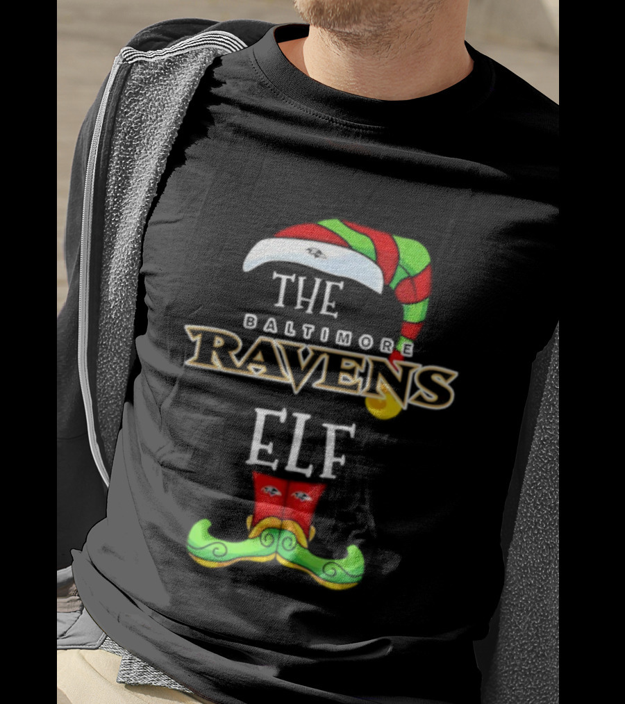Baltimore Ravens Christmas Elf Hat Festive Sports Theme T-Shirt
