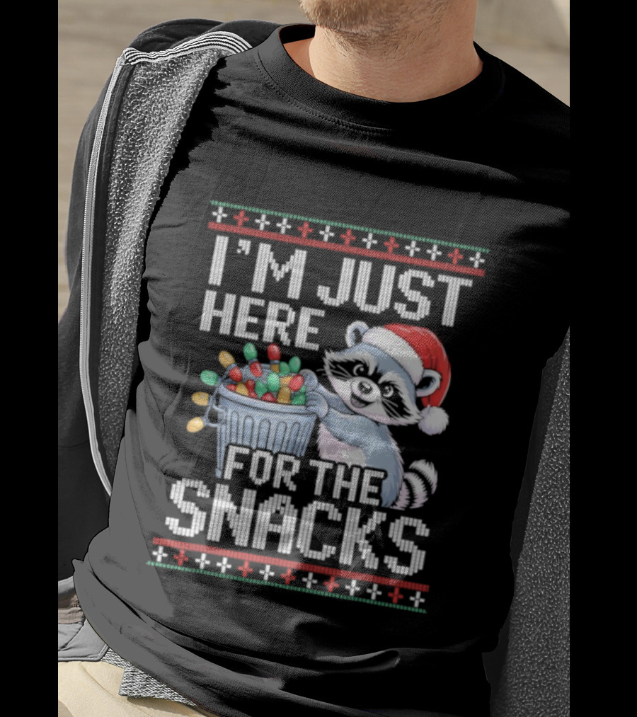 I'm Just Here For The Snacks Raccoon Christmas Ugly Sweater Santa Hat Holiday T-Shirt