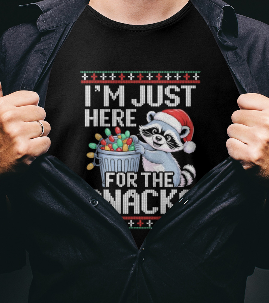 I'm Just Here For The Snacks Raccoon Christmas Ugly Sweater Santa Hat Holiday T-Shirt