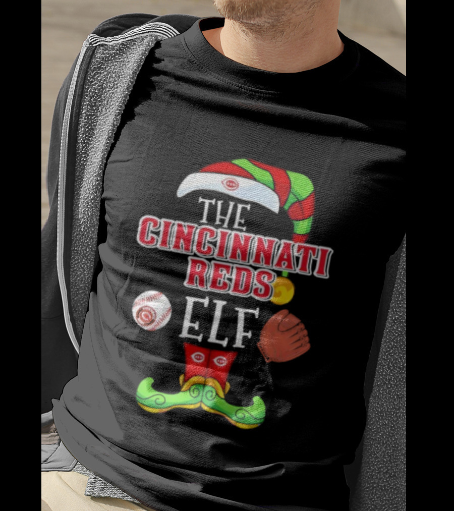 Cincinnati Reds Christmas Baseball Elf Hat And Stockings T-Shirt