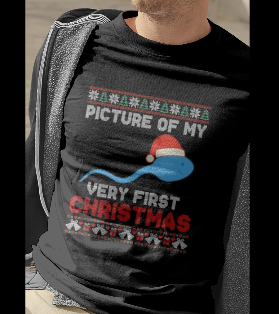 Picture Of My Very First Christmas Joke Funny Xmas Santa Hat Sperm T-Shirt