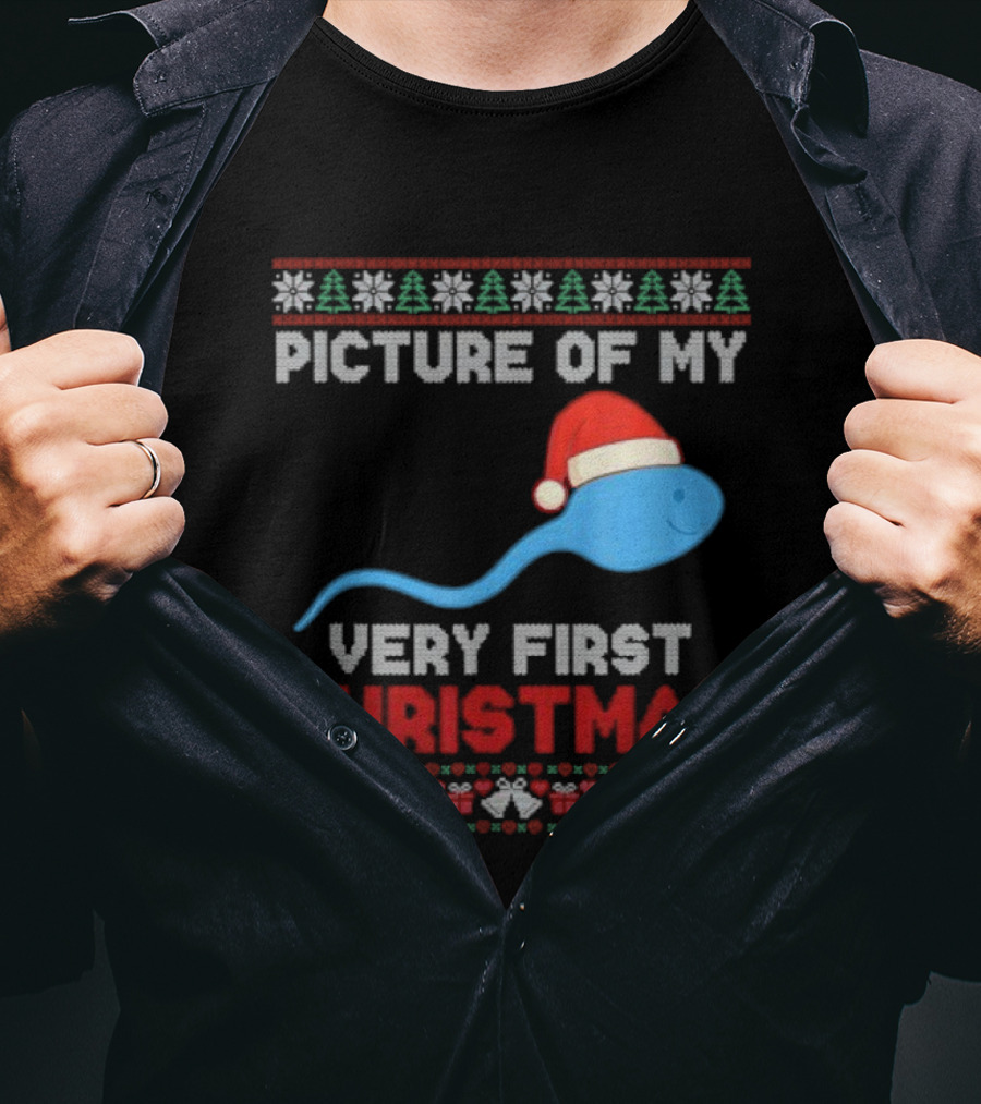 Picture Of My Very First Christmas Joke Funny Xmas Santa Hat Sperm T-Shirt