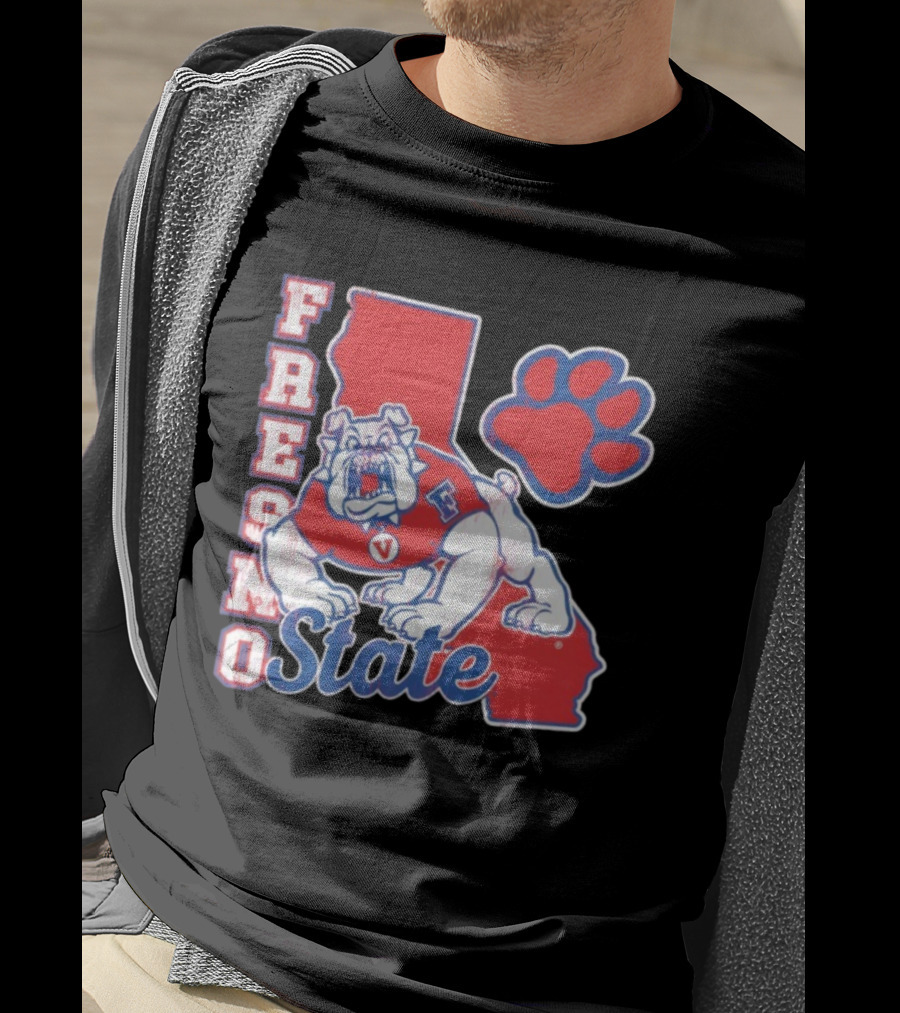 Fresno State CA Bulldog Paw Print And State Outline T-Shirt