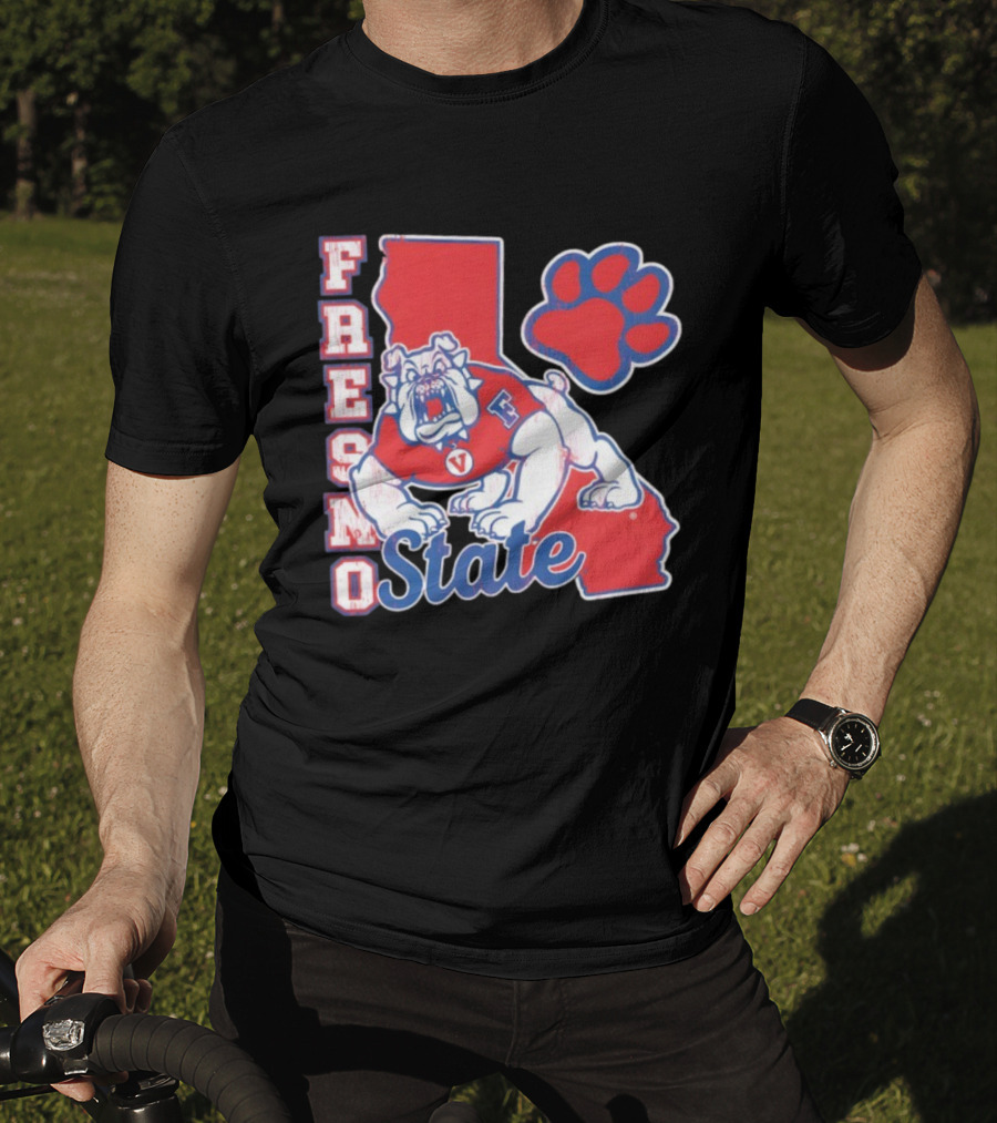 Fresno State CA Bulldog Paw Print And State Outline T-Shirt