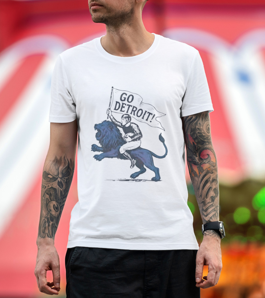 Go Detroit Football Player Riding Lion T-Shirt