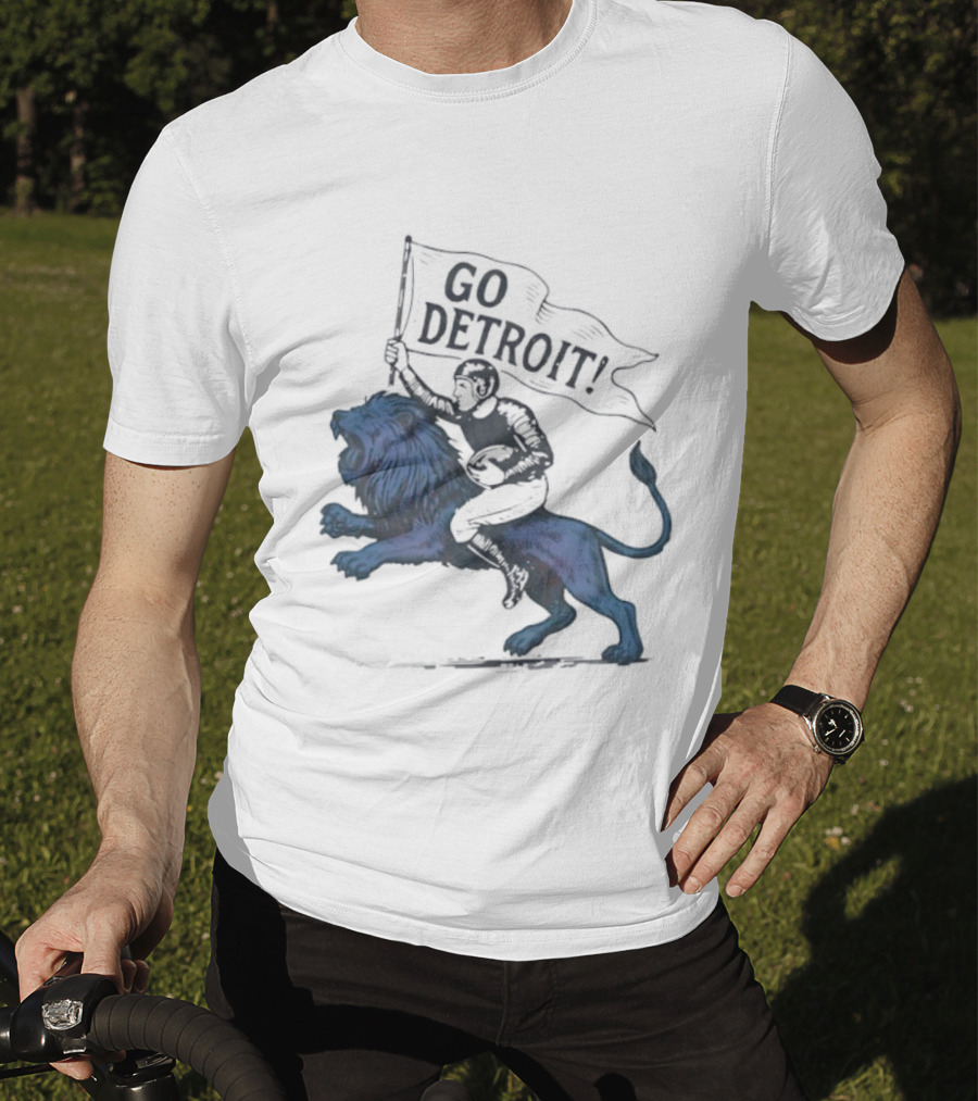 Go Detroit Football Player Riding Lion T-Shirt