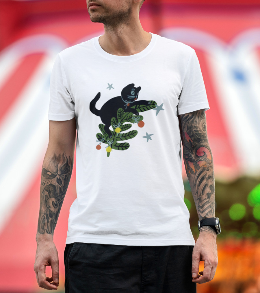 Christmas Tree Cat With Stars Yarrow Goods T-Shirt