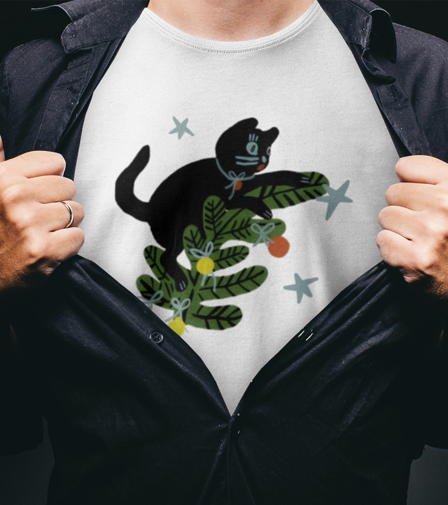 Christmas Tree Cat With Stars Yarrow Goods T-Shirt