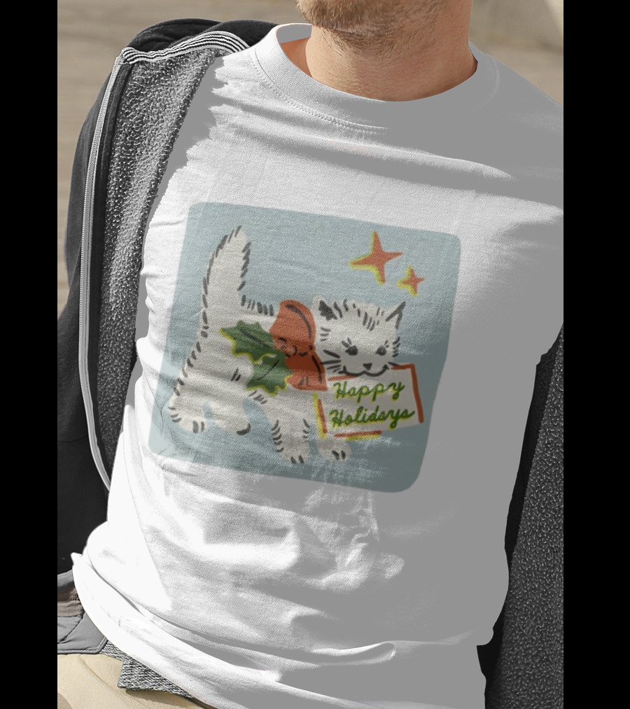 Happy Holidays Cat With Holly And Stars By Yarrow Goods T-Shirt