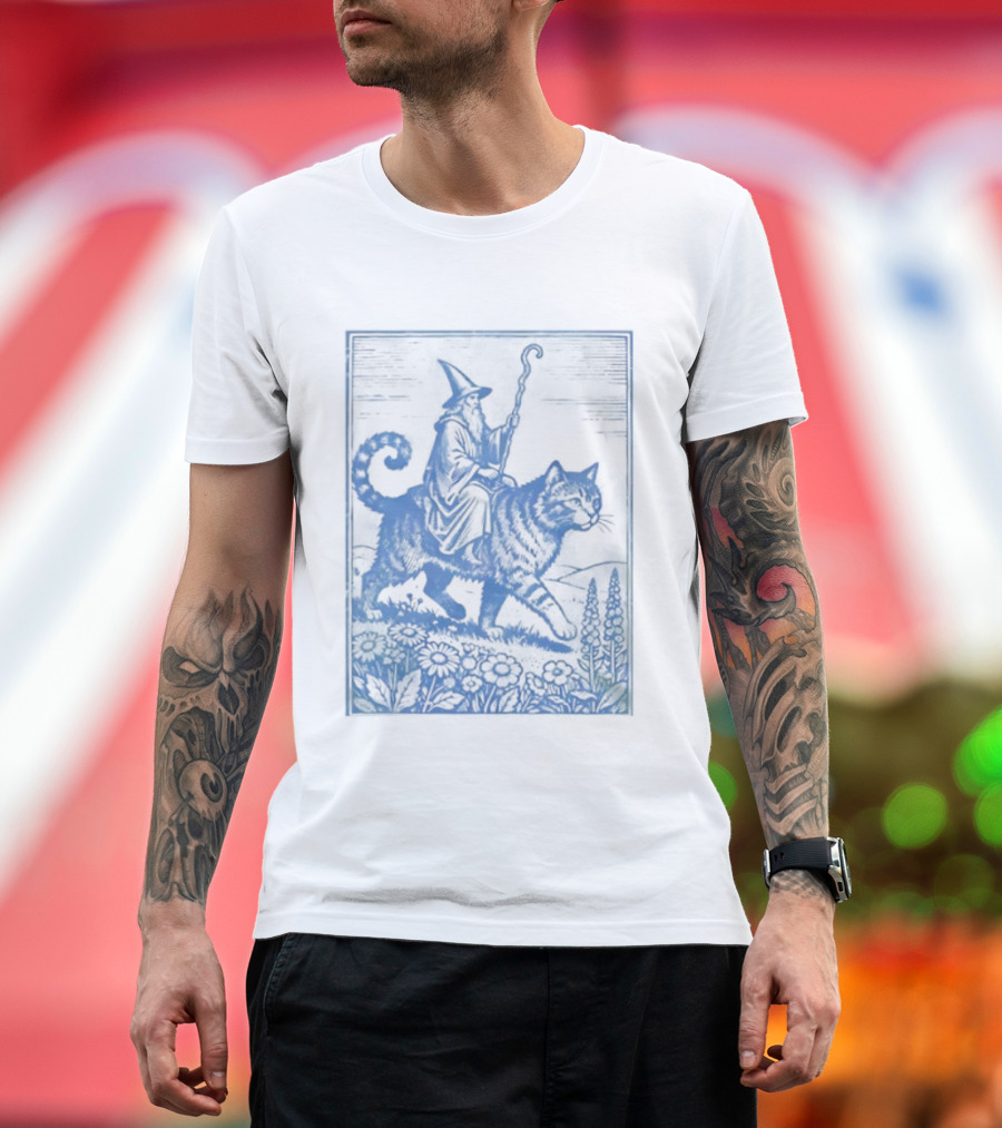 Wizard Riding Cat Blue Vintage Fantasy Adventure Scene T-Shirt