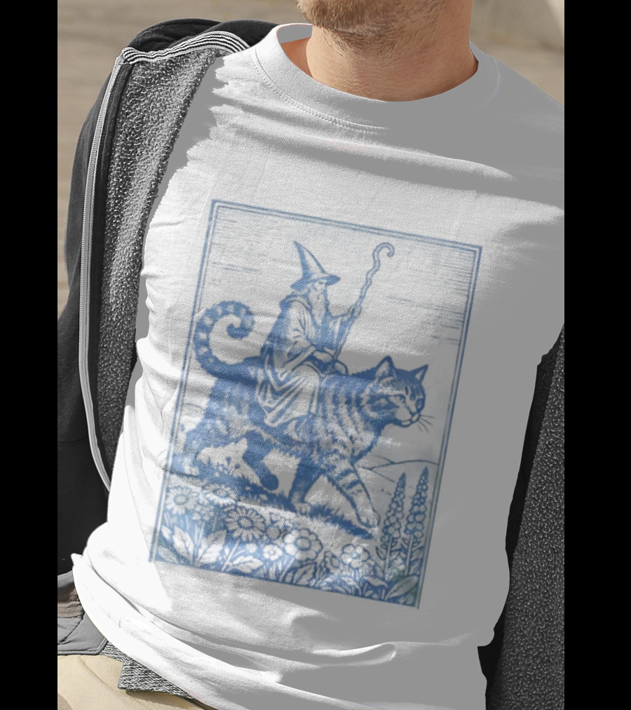 Wizard Riding Cat Blue Vintage Fantasy Adventure Scene T-Shirt