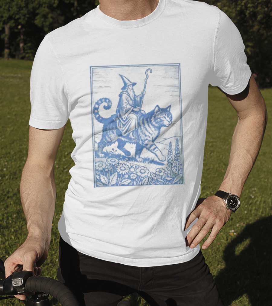 Wizard Riding Cat Blue Vintage Fantasy Adventure Scene T-Shirt