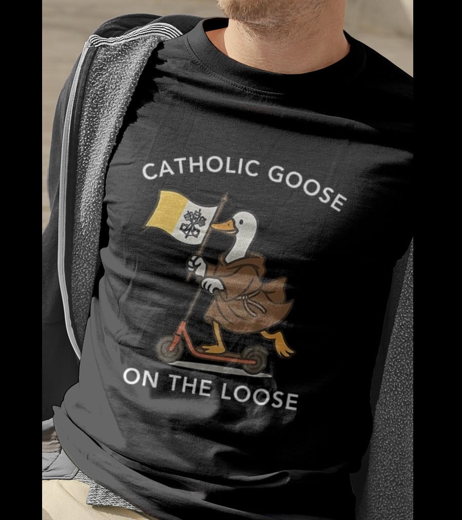 Catholic Goose On The Loose Holding Flag Riding Scooter T-Shirt