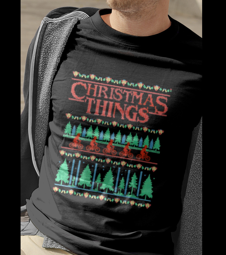 Christmas Things Holiday Sweater Lights And Bicycles Forest Theme T-Shirt