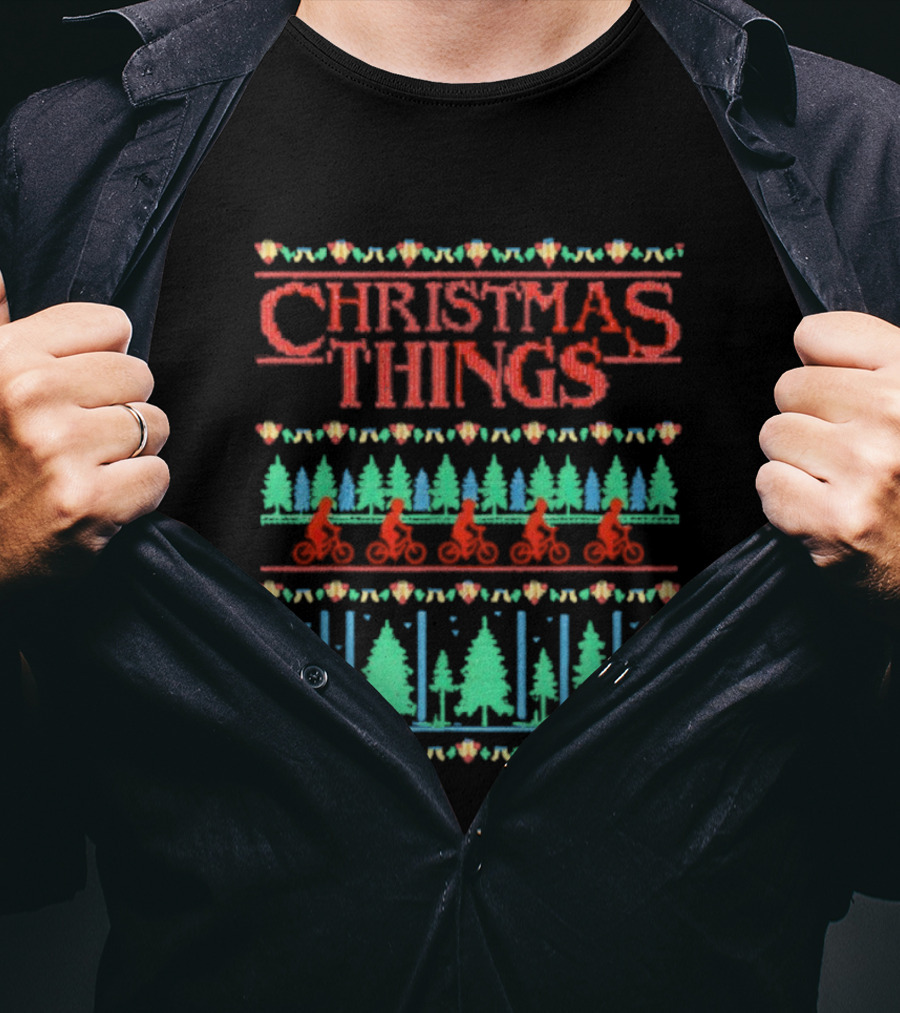 Christmas Things Holiday Sweater Lights And Bicycles Forest Theme T-Shirt