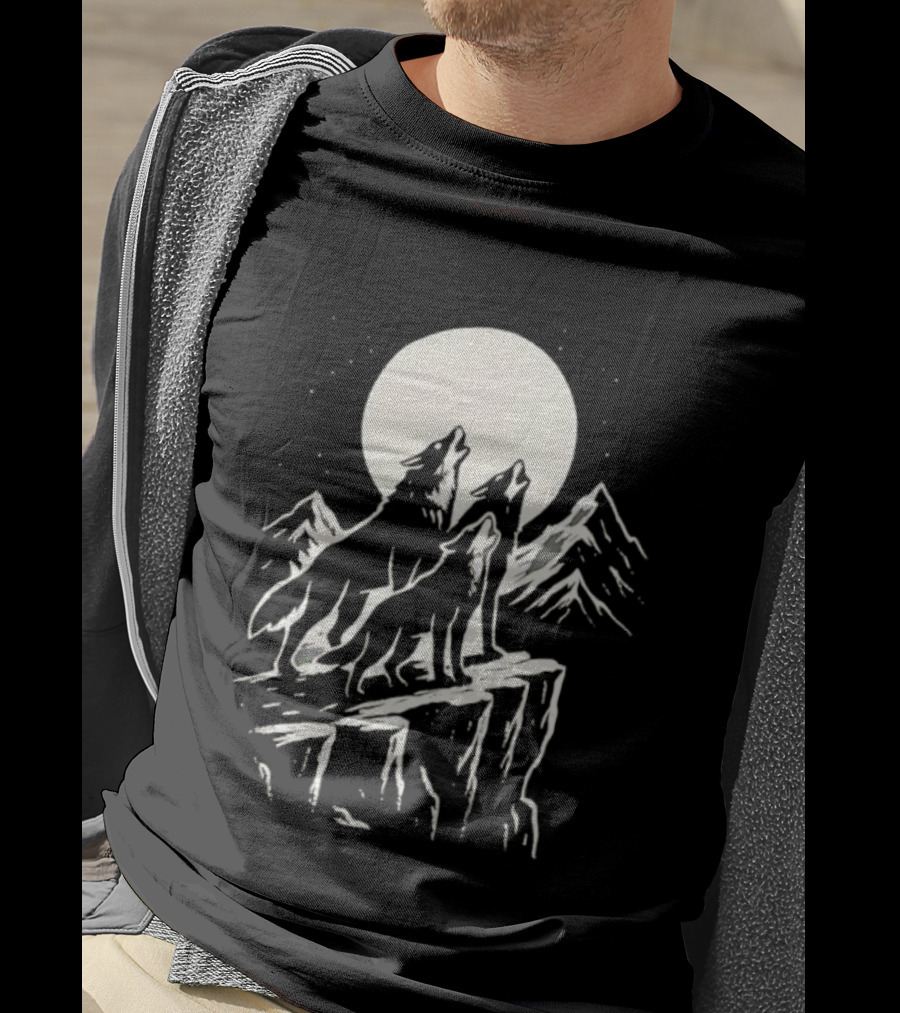Howling Wolves Moonlit Mountains Black White T-Shirt