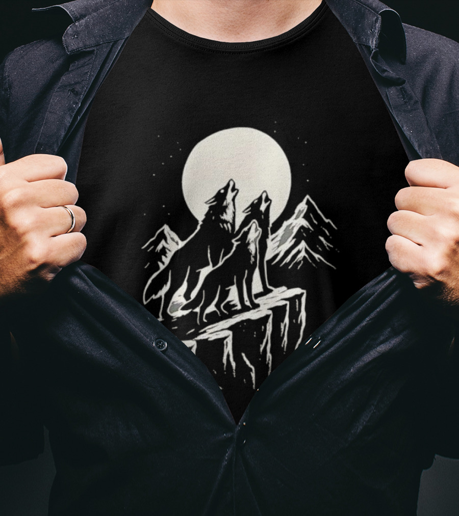 Howling Wolves Moonlit Mountains Black White T-Shirt