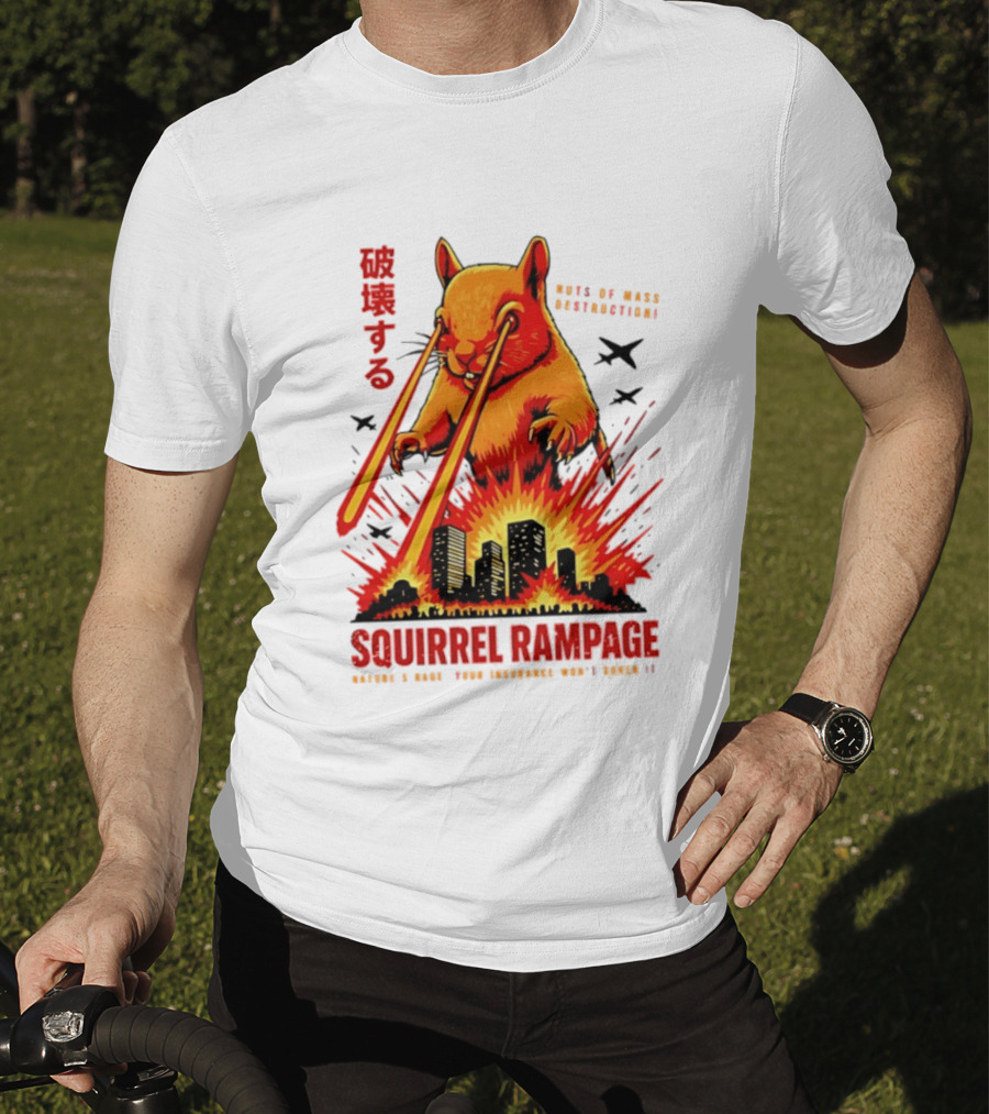 Squirrel Rampage Laser Eyes Skyline Destruction Nuts Of Mass Destruction T-Shirt