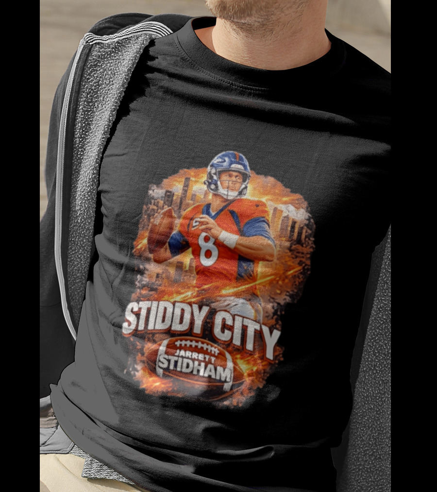 Stiddy City Jarrett Stidham Denver Broncos Quarterback 8 Urban Skyline Football T-Shirt