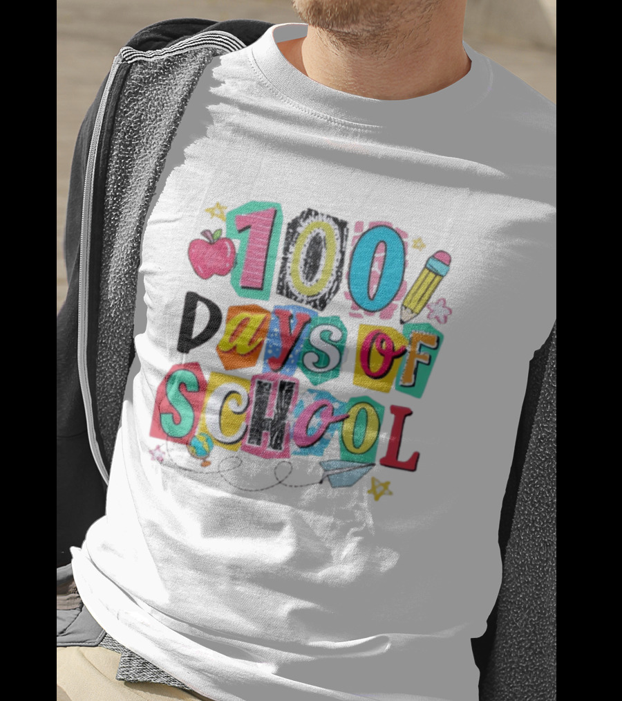 100 Days Of School Celebration Apple Pencil Stars Paper Plane Classroom T-Shirt