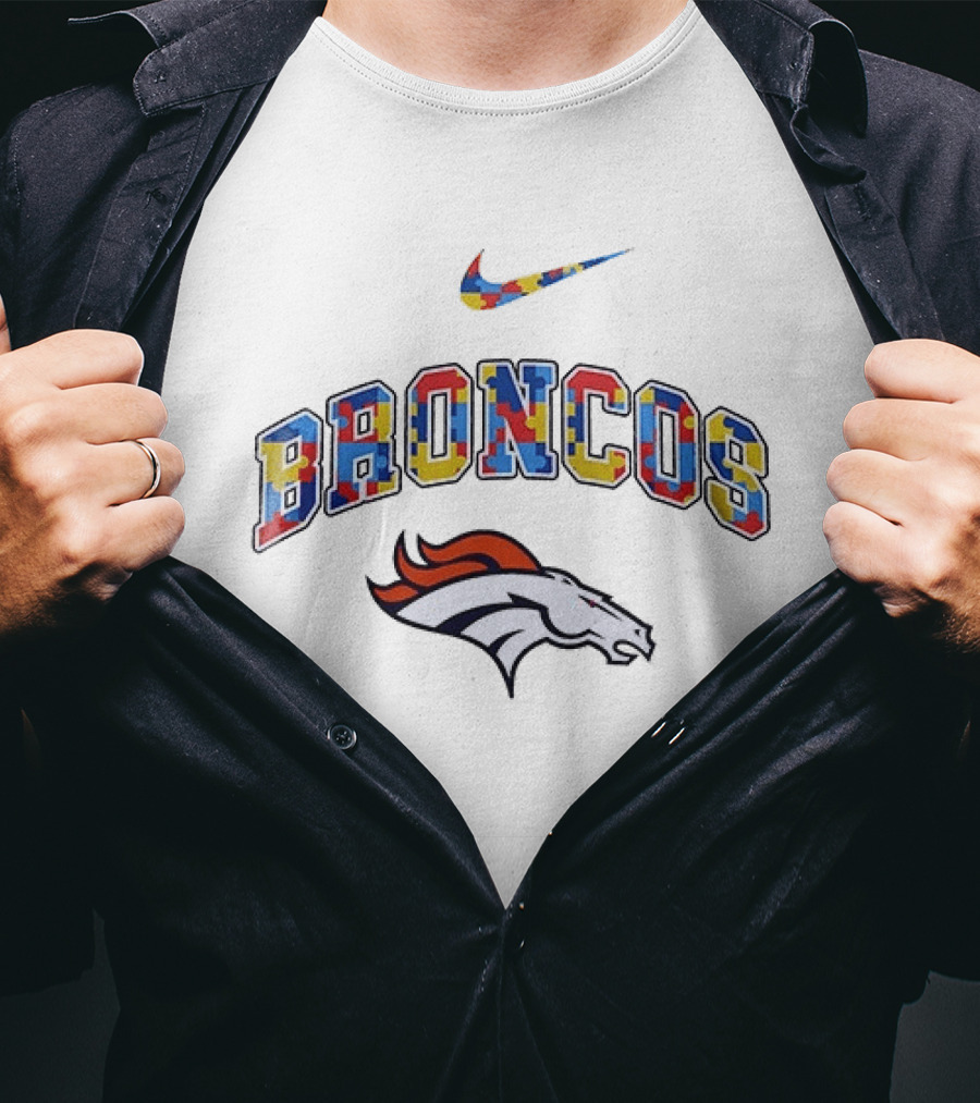 Denver Broncos Puzzle Pattern Autism Acceptance Awareness T-Shirt