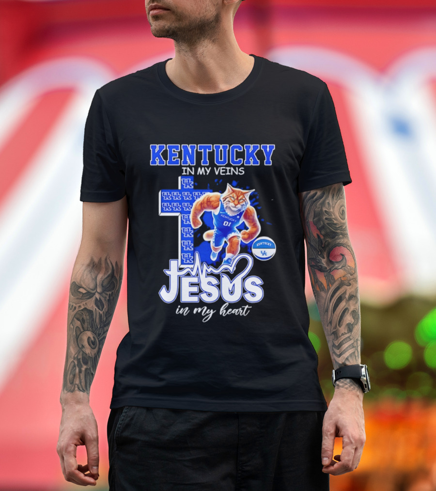 Kentucky Wildcats In My Veins Jesus In My Heart Wildcat Cross T-Shirt