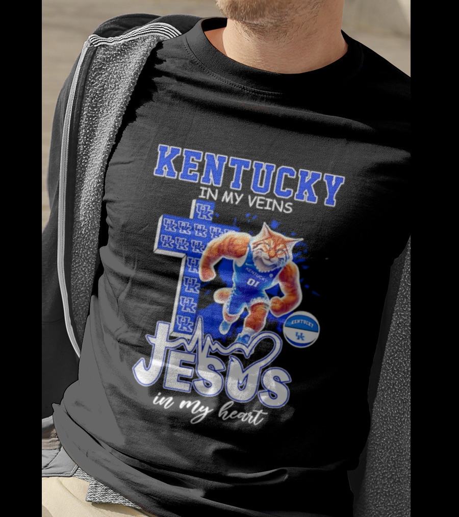 Kentucky Wildcats In My Veins Jesus In My Heart Wildcat Cross T-Shirt