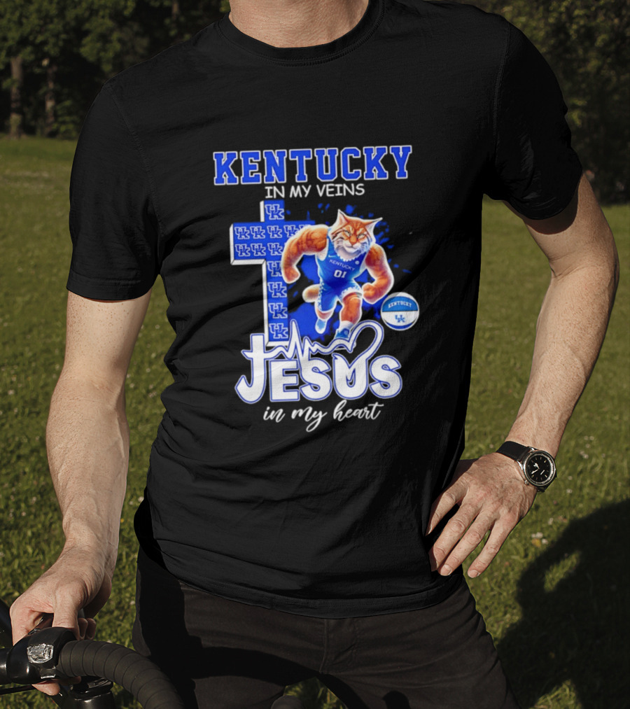 Kentucky Wildcats In My Veins Jesus In My Heart Wildcat Cross T-Shirt
