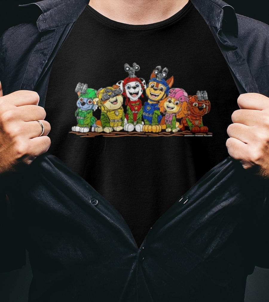 Paw Patrol Characters Chase Marshall Skye Rocky Rubble And Zuma With American Trigger Pullers T-Shirt