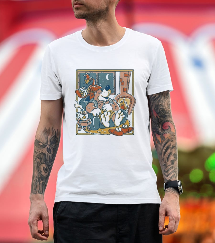Henrique Torres Nighty Night Cozy Bear By The Fireplace With Duck And Coffee T-Shirt