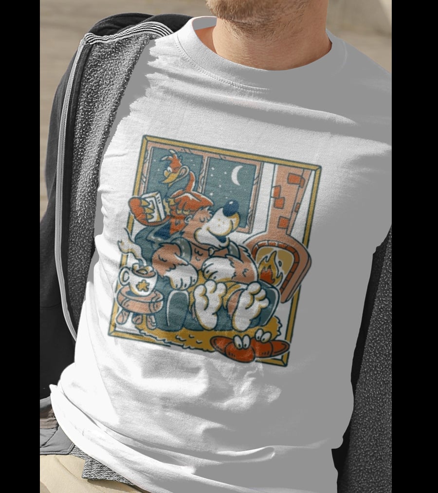 Henrique Torres Nighty Night Cozy Bear By The Fireplace With Duck And Coffee T-Shirt