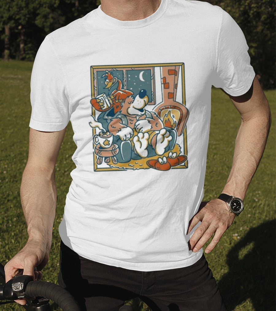 Henrique Torres Nighty Night Cozy Bear By The Fireplace With Duck And Coffee T-Shirt