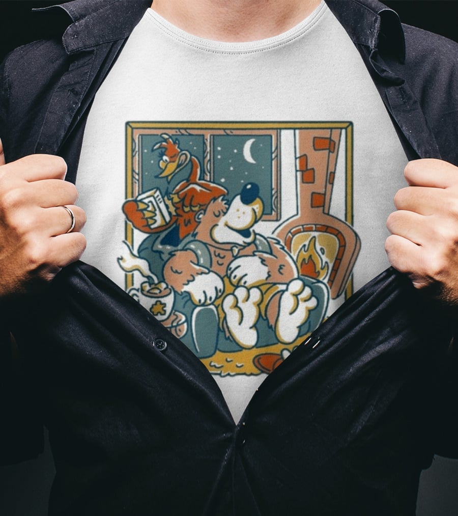 Henrique Torres Nighty Night Cozy Bear By The Fireplace With Duck And Coffee T-Shirt