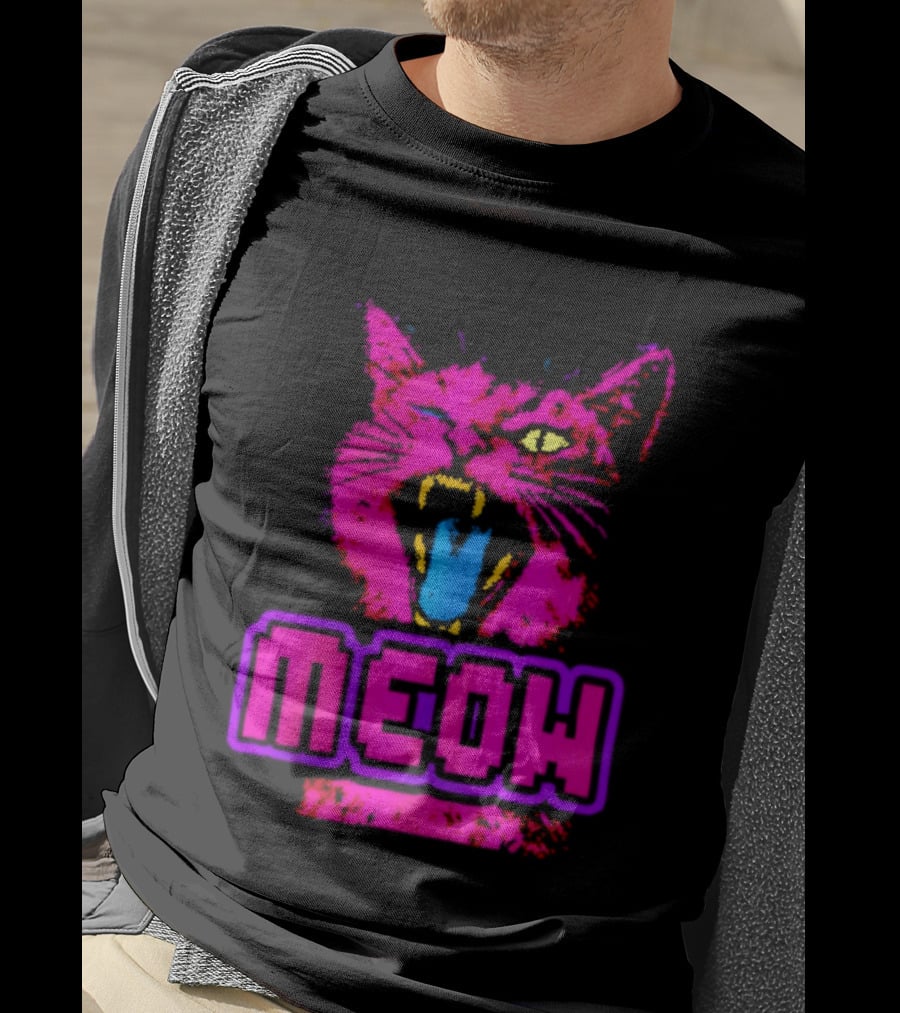 Neon Pink Angry Cat MEOW Cyberpunk Aesthetic Retro Futuristic T-Shirt