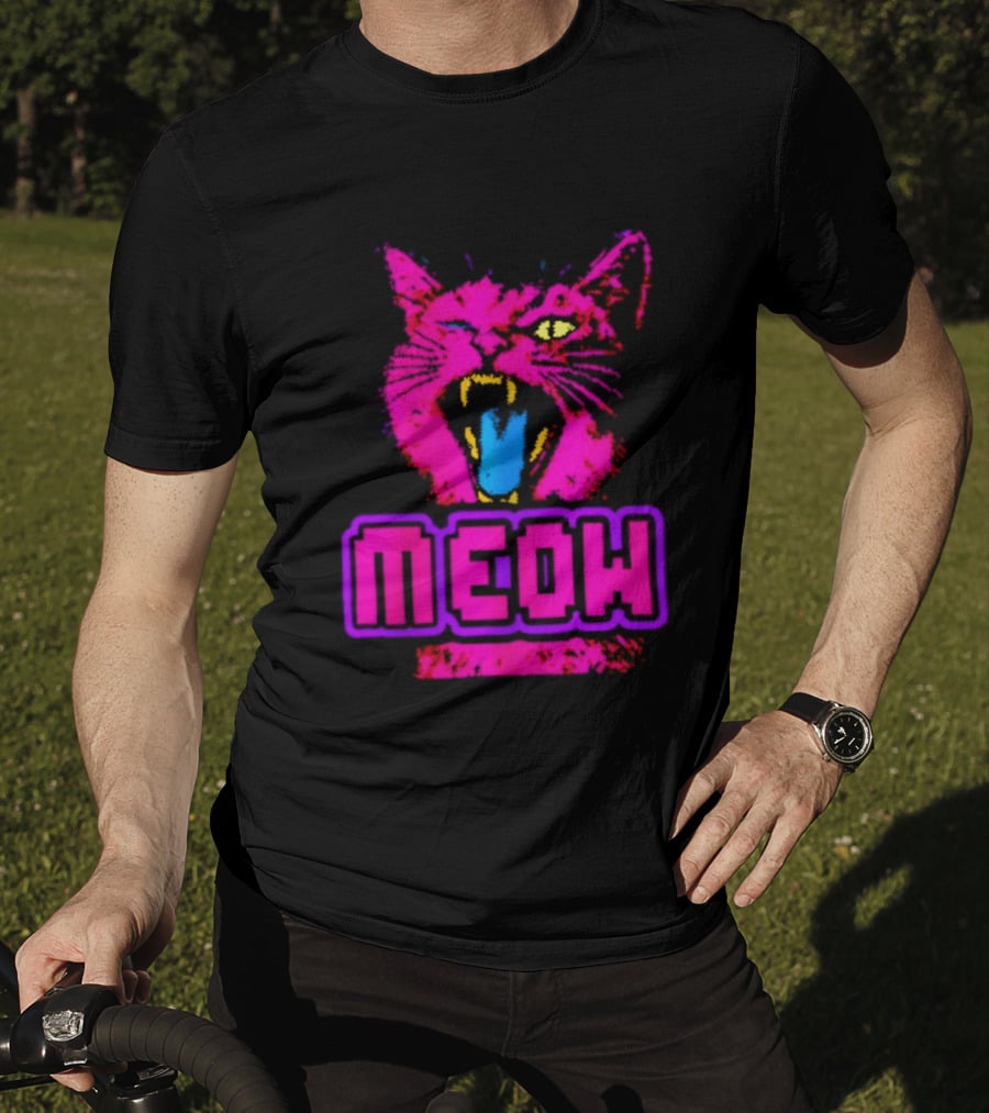Neon Pink Angry Cat MEOW Cyberpunk Aesthetic Retro Futuristic T-Shirt